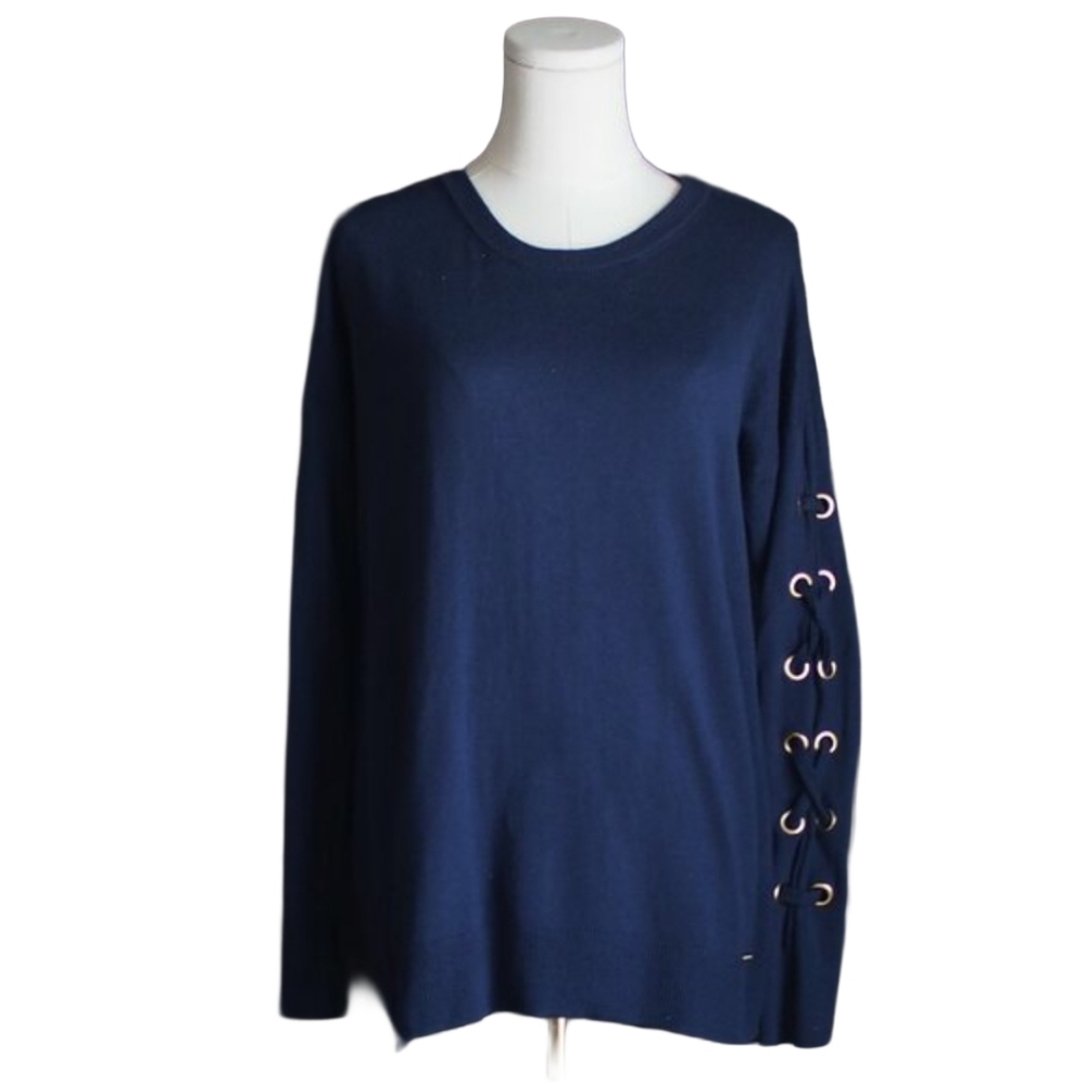 Michael Kors | Navy Cotton Sweater w Criss Cross Sleeve Detail